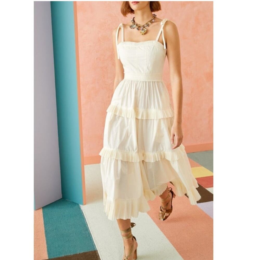 Ulla Johnson Lune Dress in Blanc ruffle tiered cotton poplin ribbon tie size 0 - Picture 10 of 10